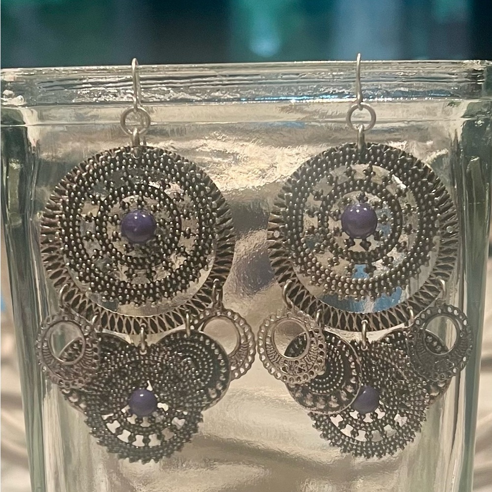 Boho Mandala Earrings – Vintage - Purple Beads & Intricate Filigree